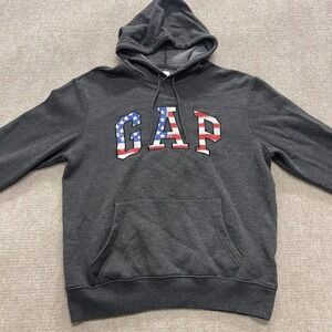 Gap Vtg Mens Hoodie Gray Blue Size Medium Spell Out American Flag
